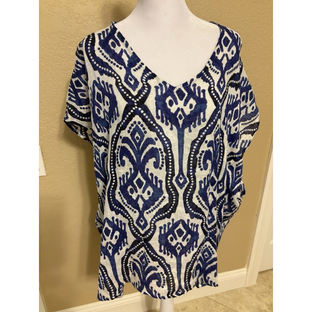 Chicos 100 % Linen Ikat Poncho‎ Top, Size S-M, Blue And Black
